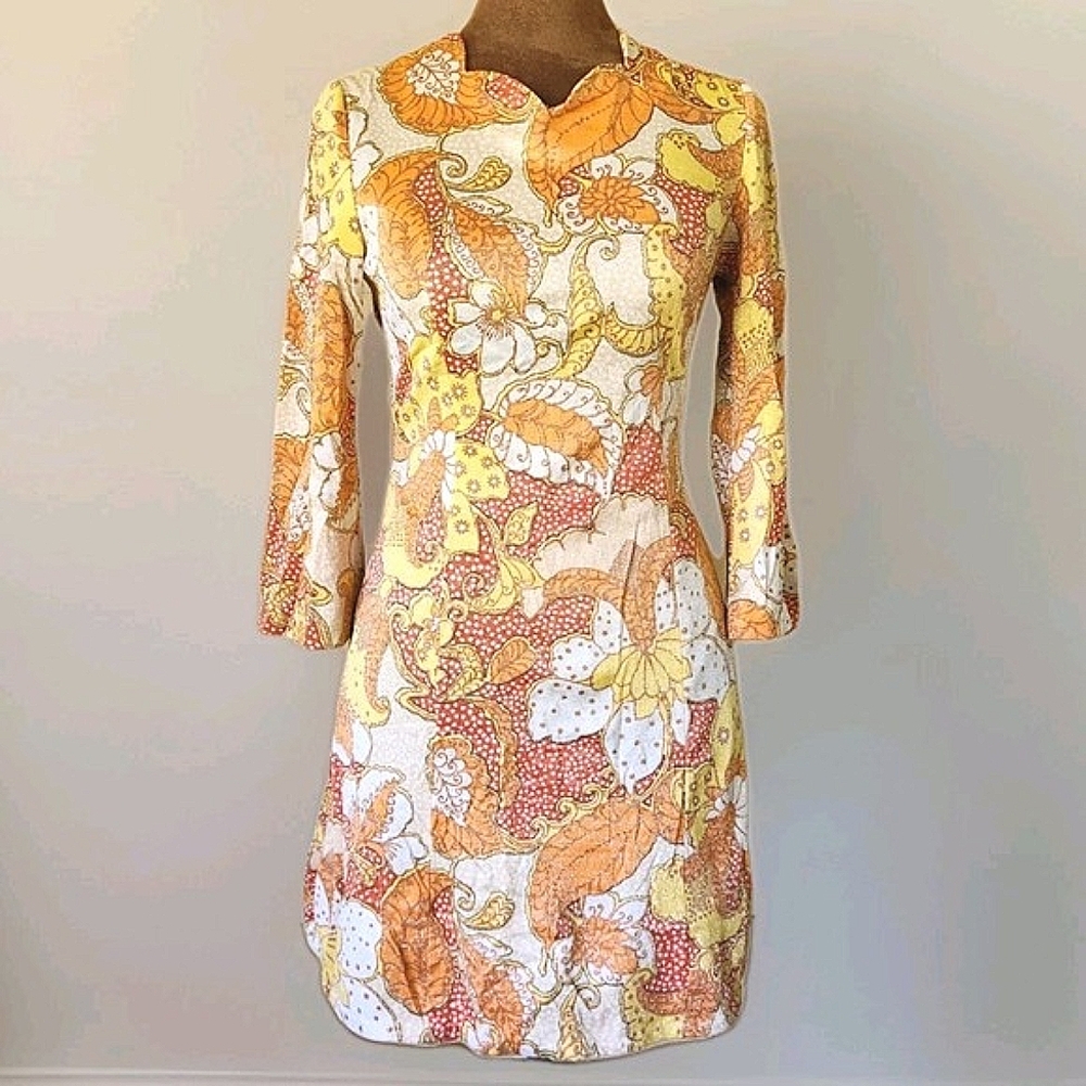 Floral Print Mini Dress - Orange and Yellow